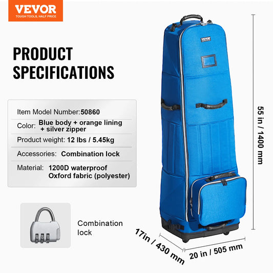 VEVOR Golf Travel Bag 1200D Nylon Soft-Sided Golf Travel Cover Wear-Resistant Waterproof Padded Luggage Case with Wheels,