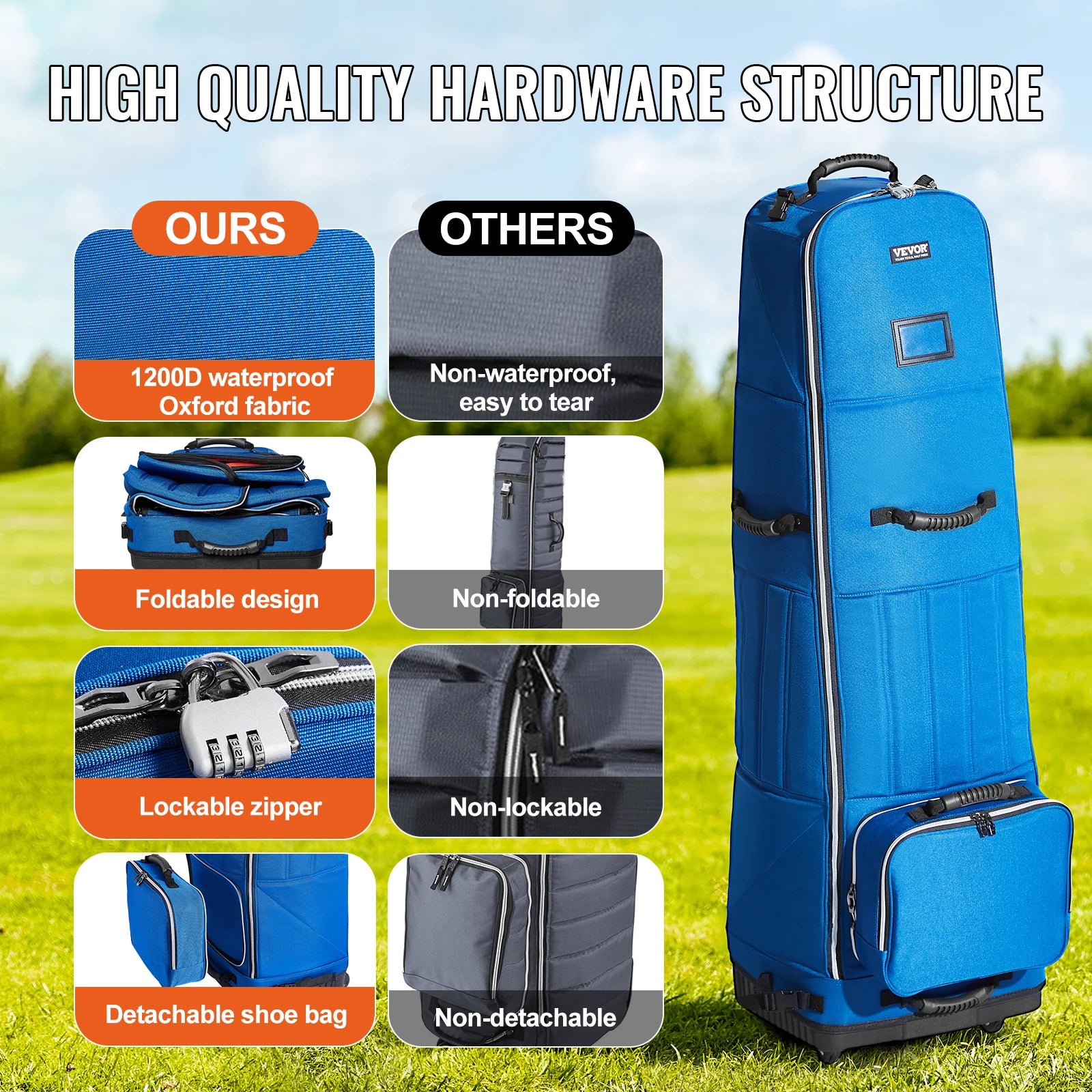 VEVOR Golf Travel Bag 1200D Nylon Soft-Sided Golf Travel Cover Wear-Resistant Waterproof Padded Luggage Case with Wheels,